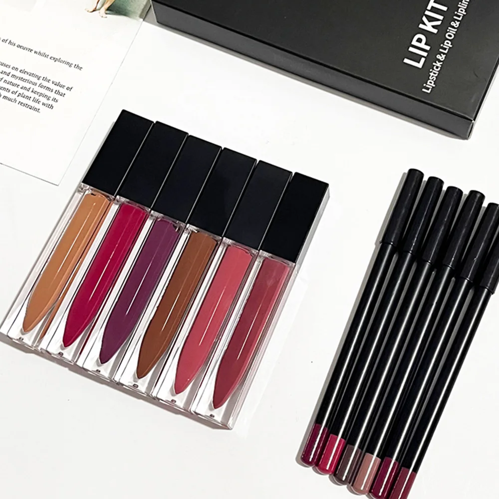 6 Colors No Labels Oem Private Label Vegan Waterproof Liquid Lipstick Lip Oil Lipliner Set Custom Logo Matte Lipstick Lip Kit