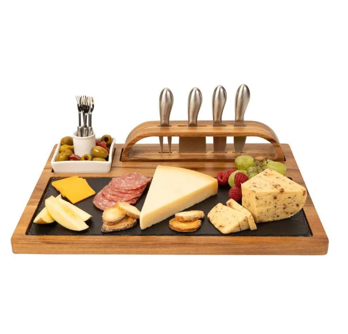 Custom Label Wholesale Rectangular Kitchen Fancy Acacia Serving Tray Cheese Cutting Boards and 4 PC metal Knife Set Slate
