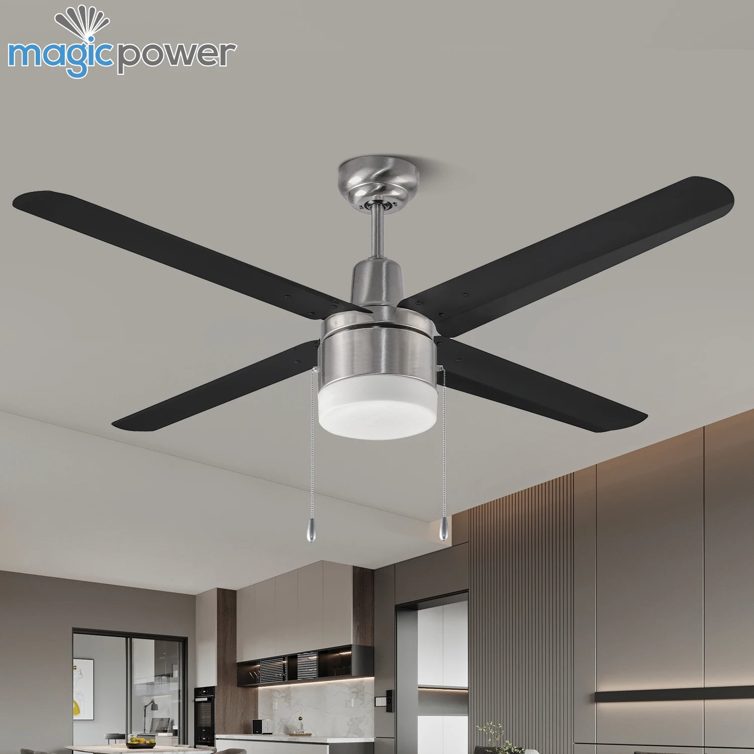 Modern 48 Inch LED Nickel Brush AC Motor Decorative Silent Pull Chain Ceiling Fan for Living Room
