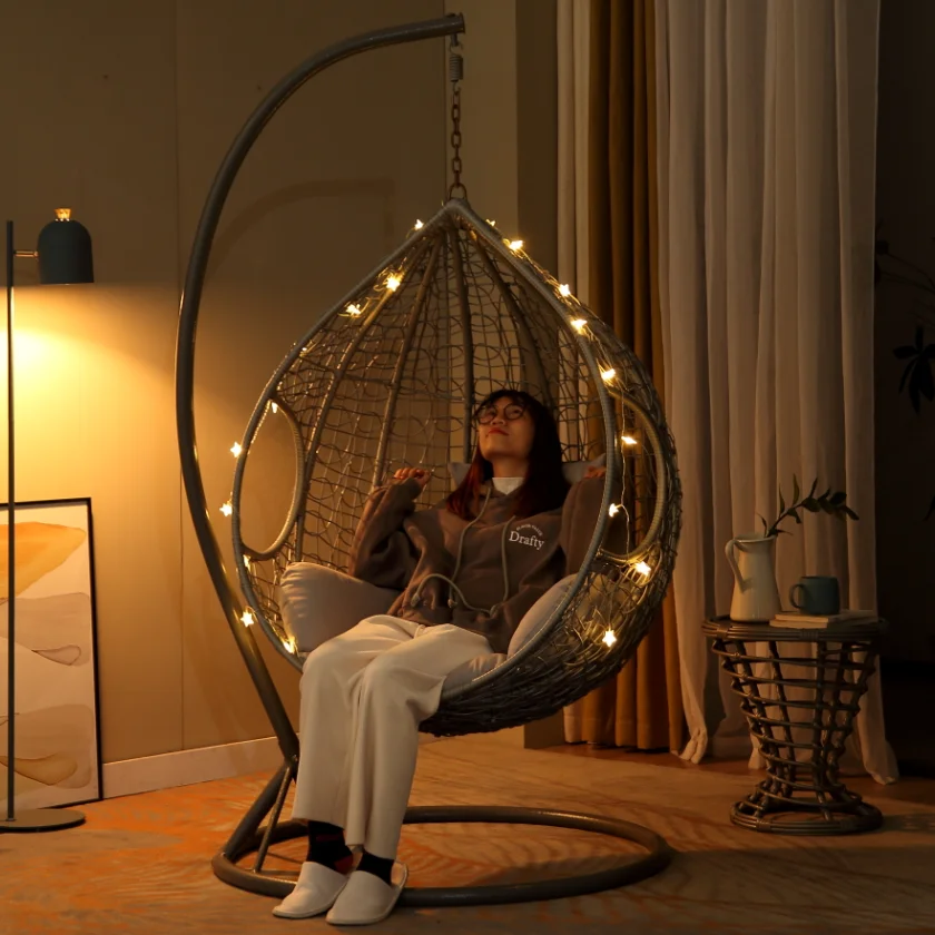 Hot Sell  Outdoor Hanging chairs Rattan patio egg chair wicker swing  Large Chairs with support table outdoor living room