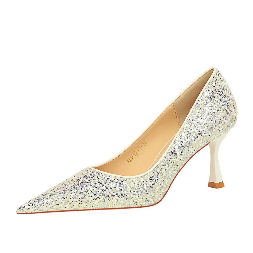 1818-3  BIGTREE Korean Fashion Banquet High Heel Shoes Metal Heel High Heel Shallow Mouth Pointed Shining Sequin Fabric Single S