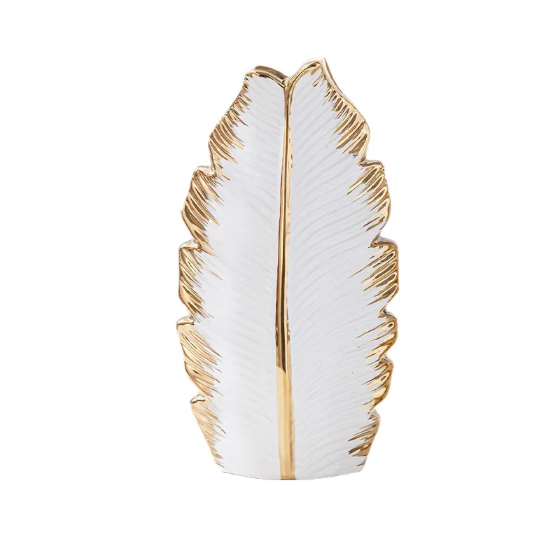 Naturix Best Seller Creative Modern Luxury leaf shape gold ceramic vases white vase with gold leaf