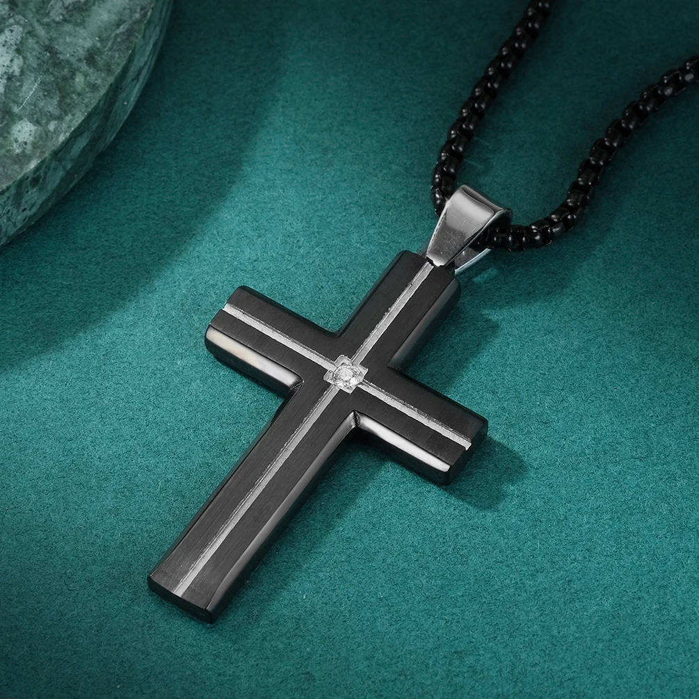 High Quality Black Brushed Cross Pendant Silver Grooved Cross With Stone Centre Stainless Steel Pendant For Men Necklace