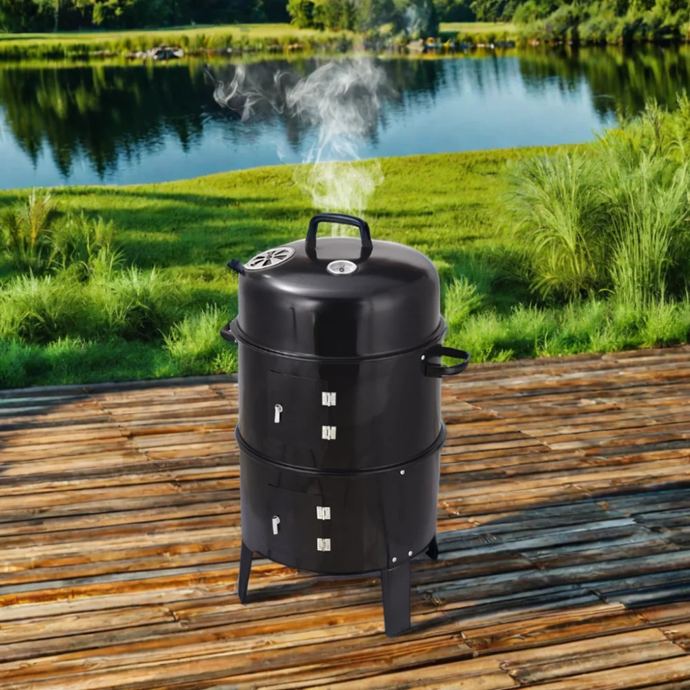 3-in-1 High-Pressure Outdoor Patio BBQ Grill Black Smoke Oven Carbon Iron Metal Folding Braised Charcoal Fuel for 5 People