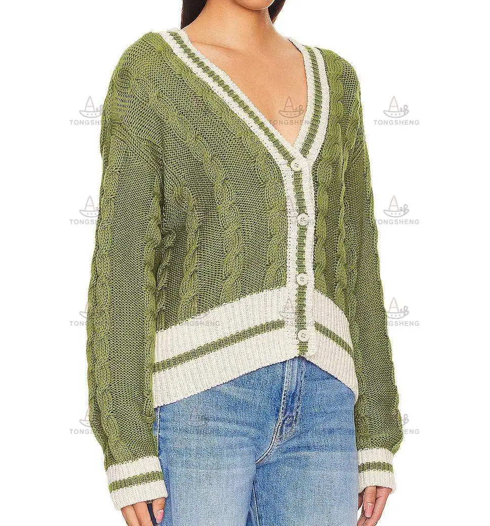 2024 OEM ODM Factory Wholesale Custom Casual Long Sleeve Color Block Ladies Cable Knit Cardigan Sweater for Women