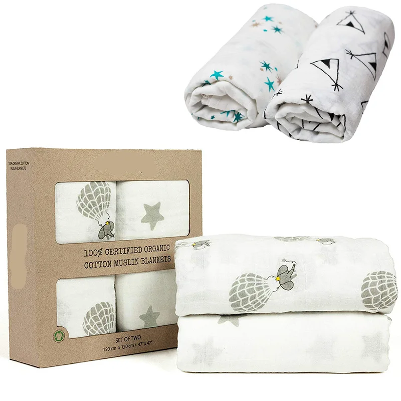 Super soft custom packing 100% cotton baby wrap swaddle muslin blanket gift set for baby infant