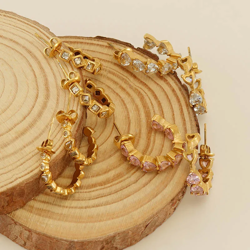 Luxury Vintage Designer 18K Gold Plated Stainless Steel Cubic Zirconia Hoop Earrings For Women Jewelry Gift