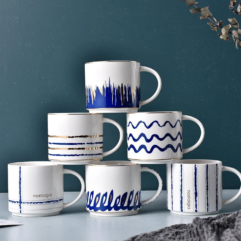 New Luxury Wholesale Creative Coffee Milk Mugwith Black And Blue Pattern For Couples Mix Design