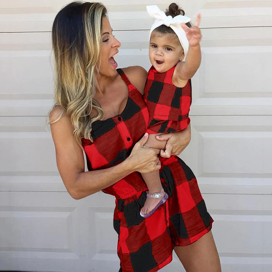 
suspender plaid jumpsuit matching clothing mother and daughter family clothes for kid and parent mommy and me outfits 
