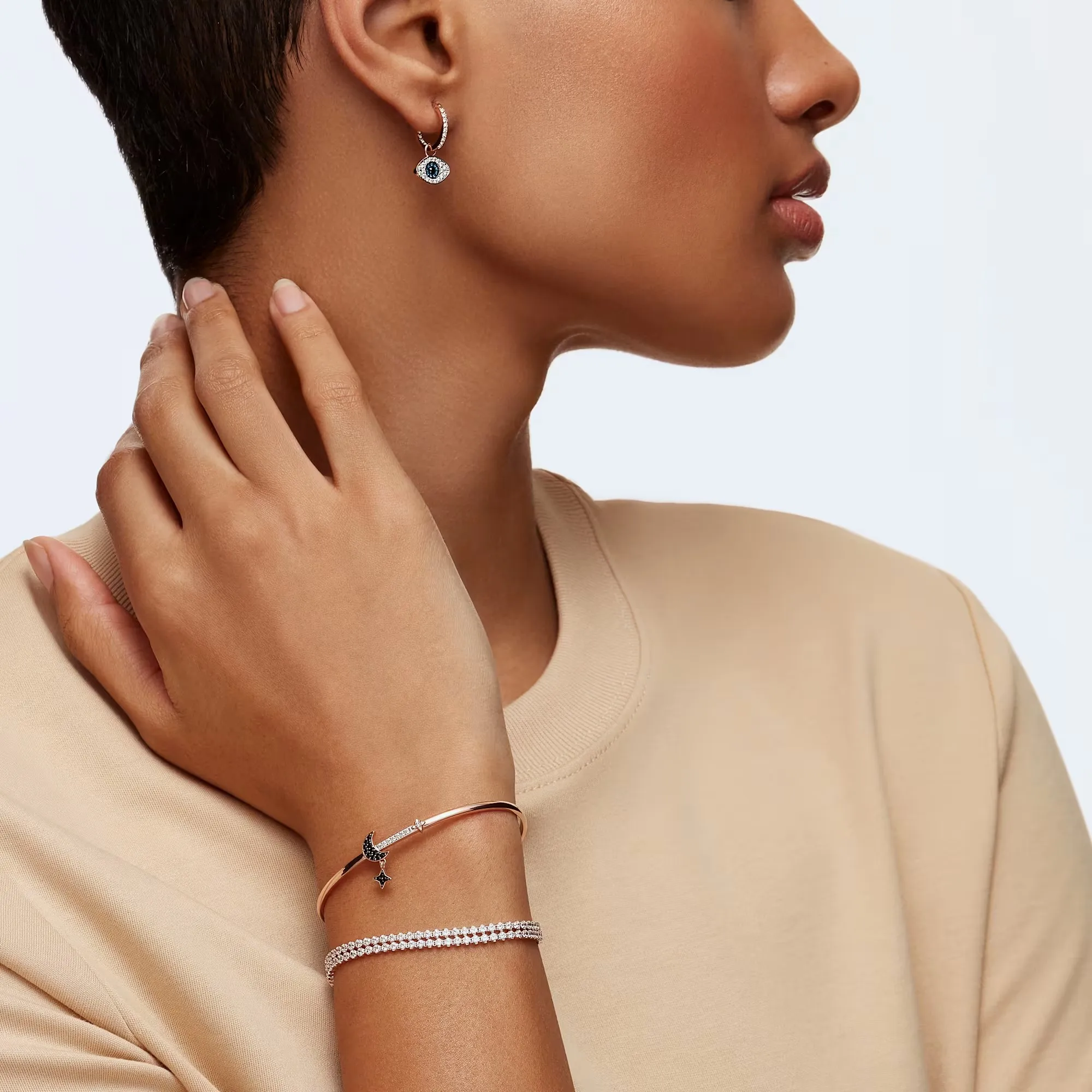 Luxury Stainless Steel Rose Gold Evil Eyes Huggies Hoop Drop Dangle Diamond Earrings Jewelry Women
