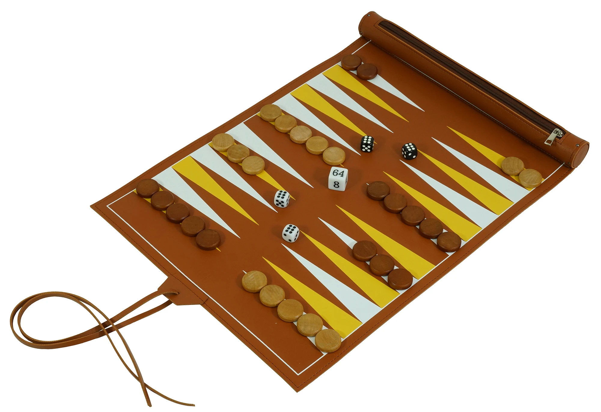 Sonny Custom 15 Inch Brown Leather Roll Up Travel Backgammon Set