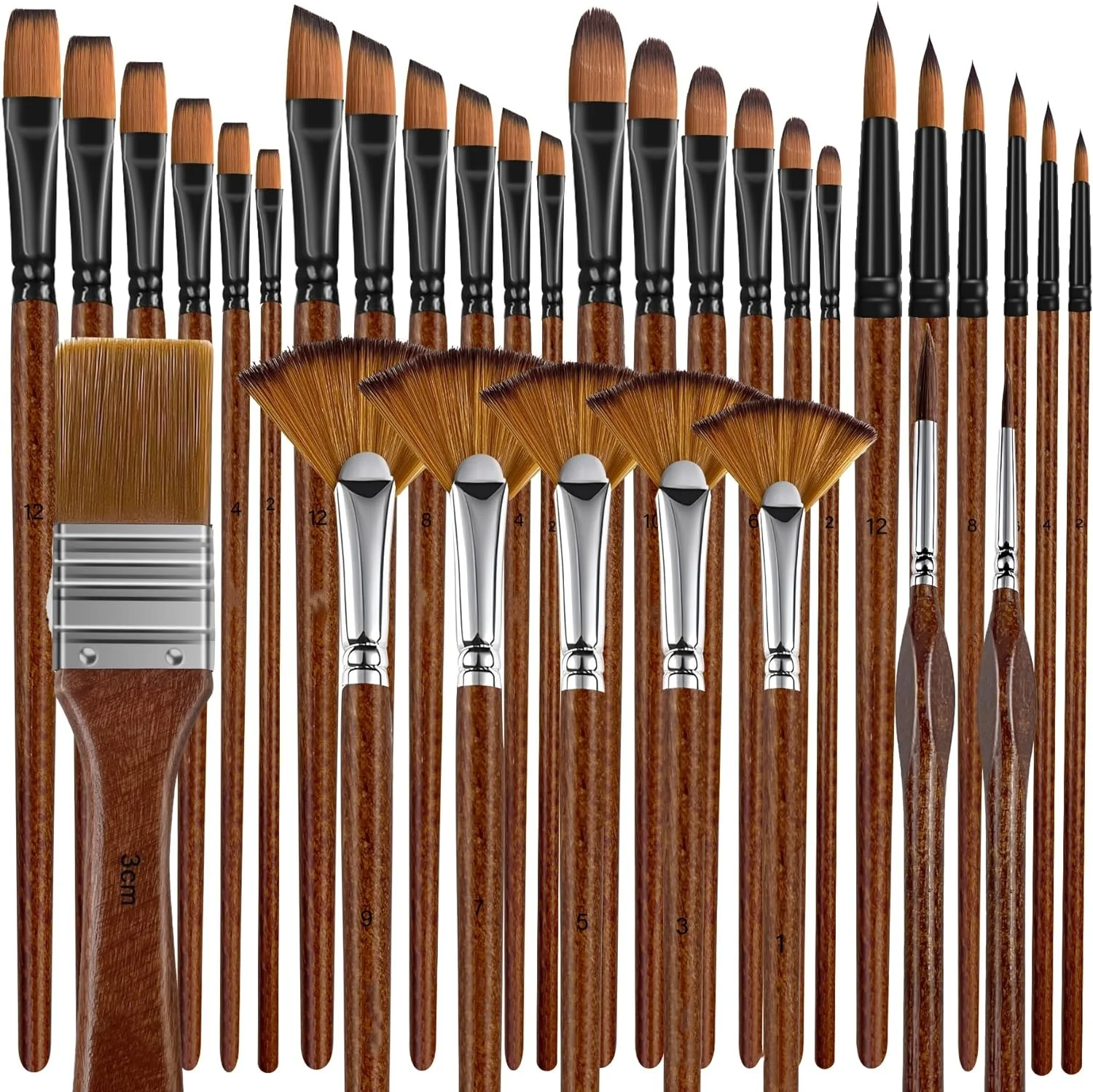 BOMEIJIA 32 pcs Brown rod Paint Brushes for Acrylic Painting, Premium Nylon Bristles with Round Filbert Flat Fan Angle Fine