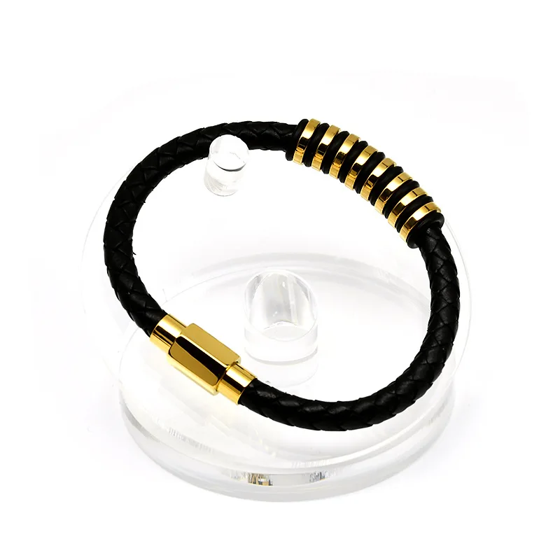 Trendy Gold Titanium Steel Bracelet Braided Leather Rope Bracelet Personality Stainless Steel Bangles Bracelet