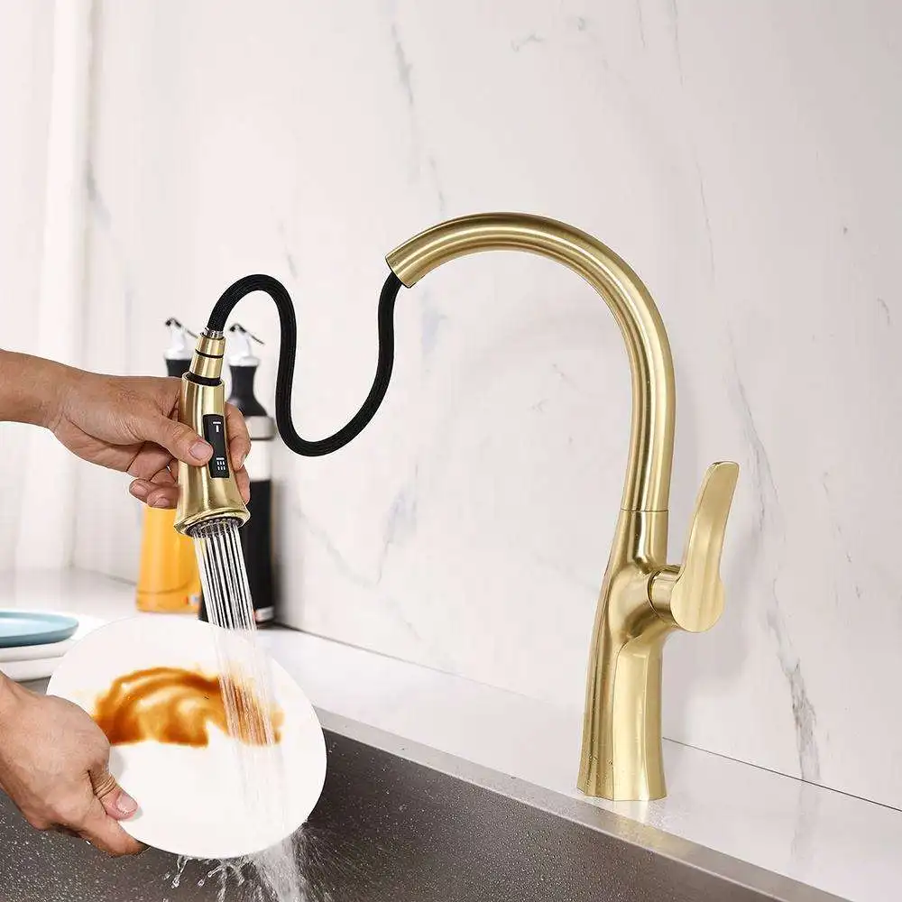 cUPC Brass Brushed Gold Pull Down Water Mixer Sprayer Kitchen Sink Faucet