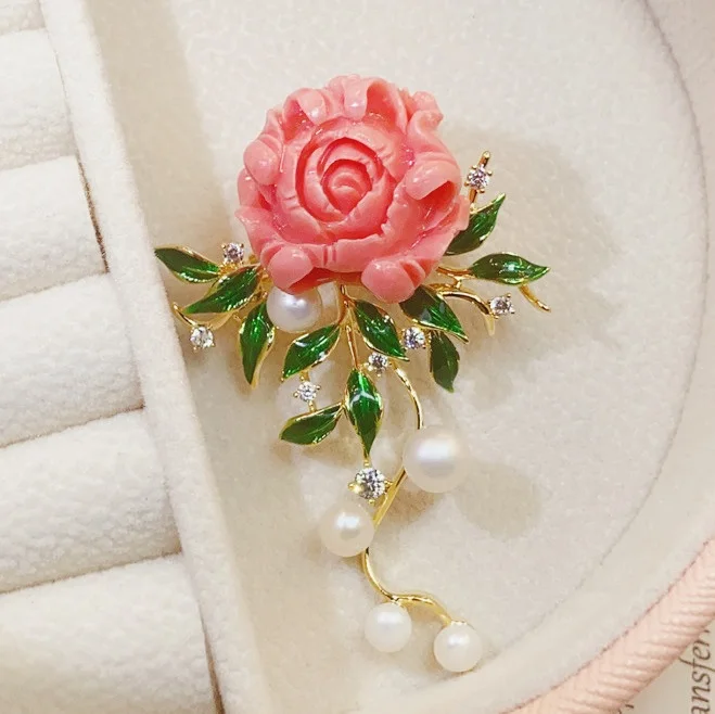 Luxury Broche Bijoux Gold Plated Pink Peony Flower Brooches Pin Elegant Broches De Flores Broches Femmes