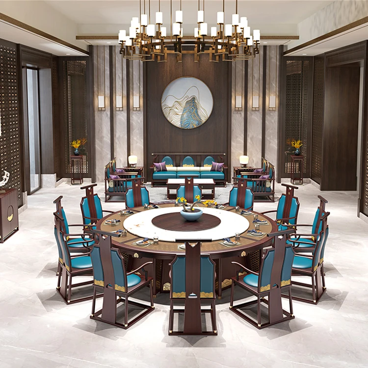 Luxury Classic Automatic Remote Control Rotating Dining Table Genuine Marble Rotator Pterocarpus Erinaceus Poir Solid Wood Top