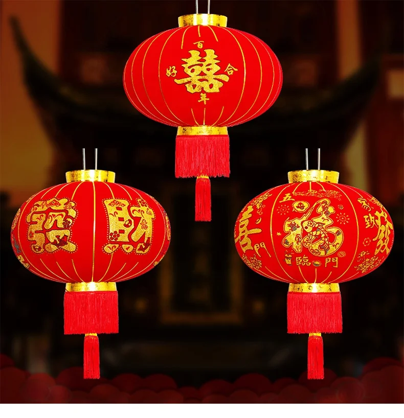 water proof outside Chinese lanterns new year lantern decorative hanging flocking lanterns