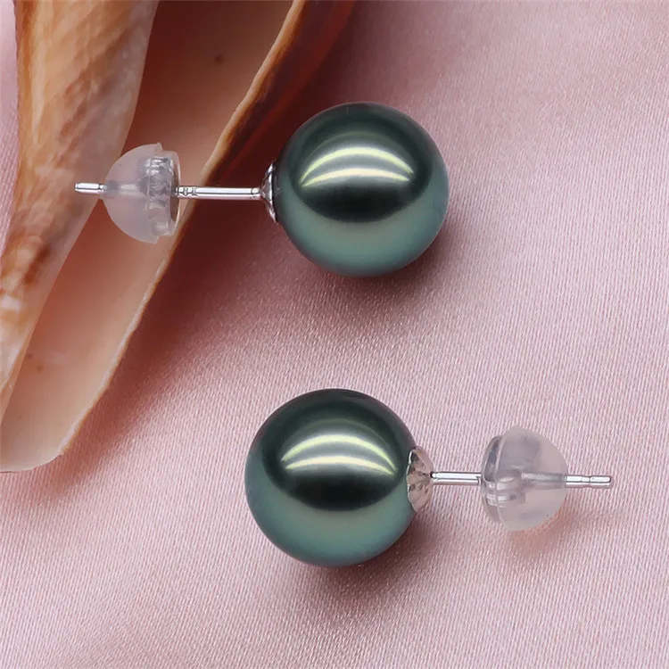8-10mm AAA Grade 14K 18K White Yellow Gold Natural Real Genuine Black Seawater Tahitian Tahiti Pearl Stud Earrings