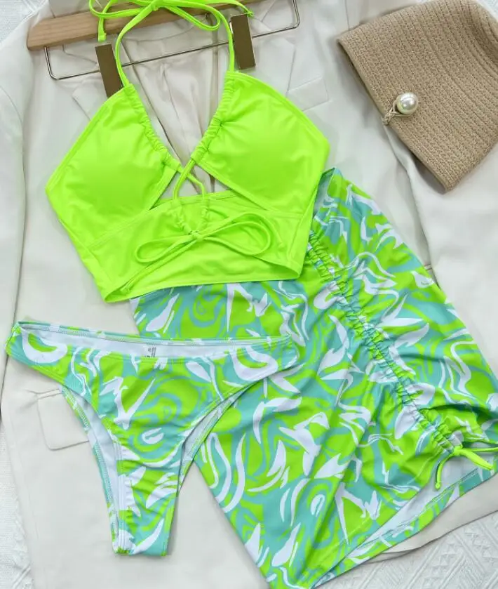 2023 STOCK Lace Up Front Long Ties 3Pieces Swimsuit Sexy Lady Brazilian Bikini Set Short Micro Beachdress