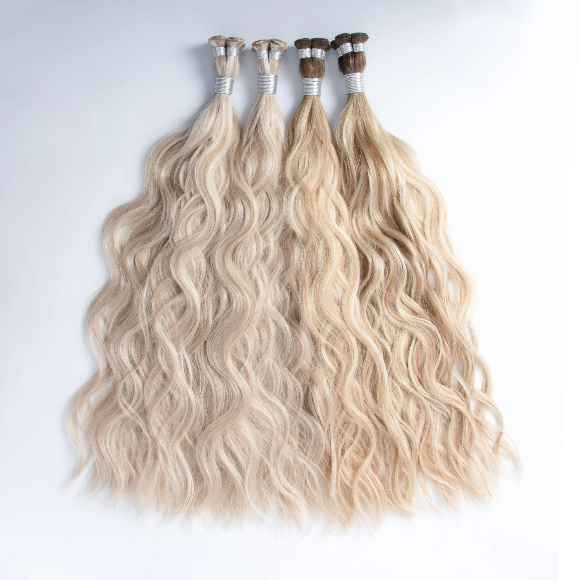 Salon Quality Origin 100% Russian Hair Wavy Hand Tied Weft Remy Double Drawn Handtied Weft 2.0