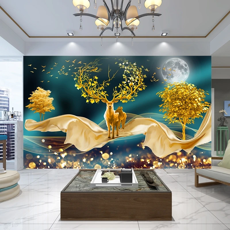 3d TV background wall decoration wall cloth, living room decoration painting elk lucky waterproof wall fabric