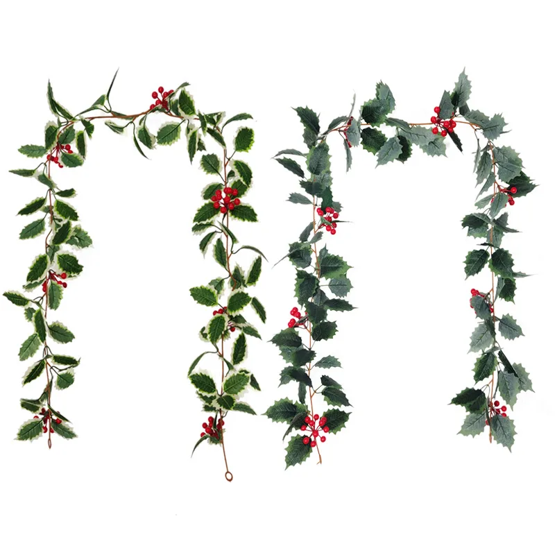 Christmas Decoration Simulation Plant Garland Holly Leaves And Red Berries For Door Decor