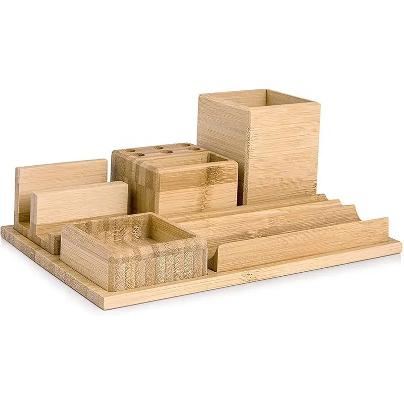 Adjustable Desk Organizer 6 Pieces Bamboo Vanity Tray Set for Home Office Dresser Counter Bathroom