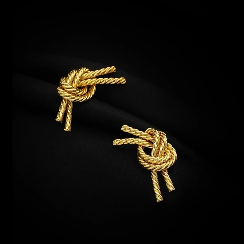 Double Rows Weave Rope Chain Twisted Knot Earrings 18K Gold Plated Stud Earrings For Women Temperament Versatile Jewelry