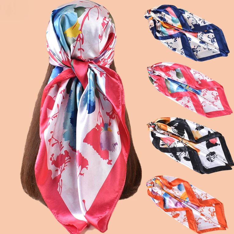 2024 new 90 polyester silk satin flower print square scarf shawl women scarf bandanna hijabs custom printing design hair scarf