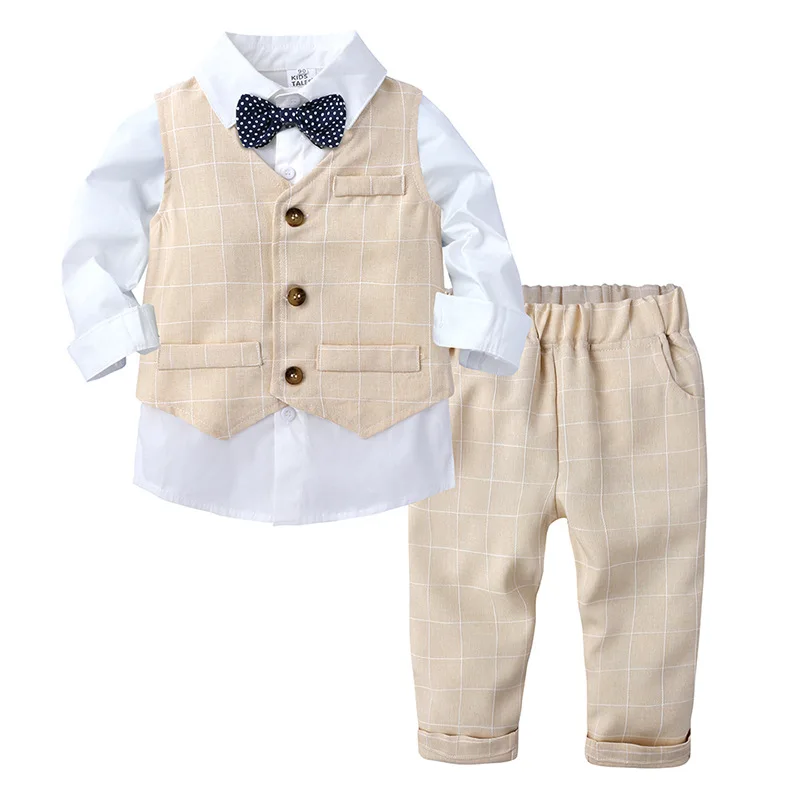 Baby Boys Gentle Suit with Vest Shirt Pants Cloth Birthday Clothing Sets LongSleeve Bow Tie British style Party Costume