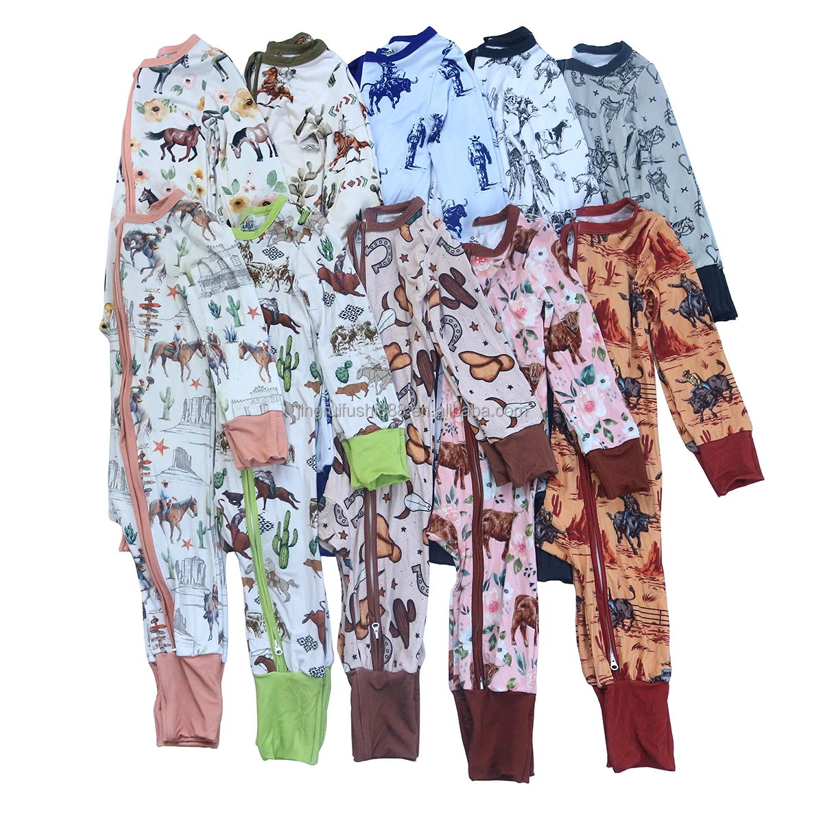 Wholesale Toddler Baby Zip Up Folded feet Hand Sleepers Bamboo Fiber Custom Western Print Newborn Zippy Rompers
