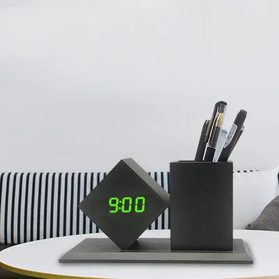 Manufacturer Custom Decor Square Stand Kid Desk Table Wood Digital Led Alarm Clock With Pen Holder