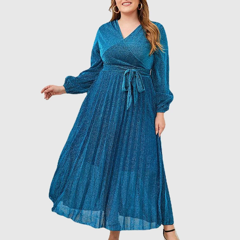 2022 Spring And Fall Solid Blue Shiny Plus Size Clothing Long Sleeve Pleated Maxi Ladies Elegant Dress With Belt
