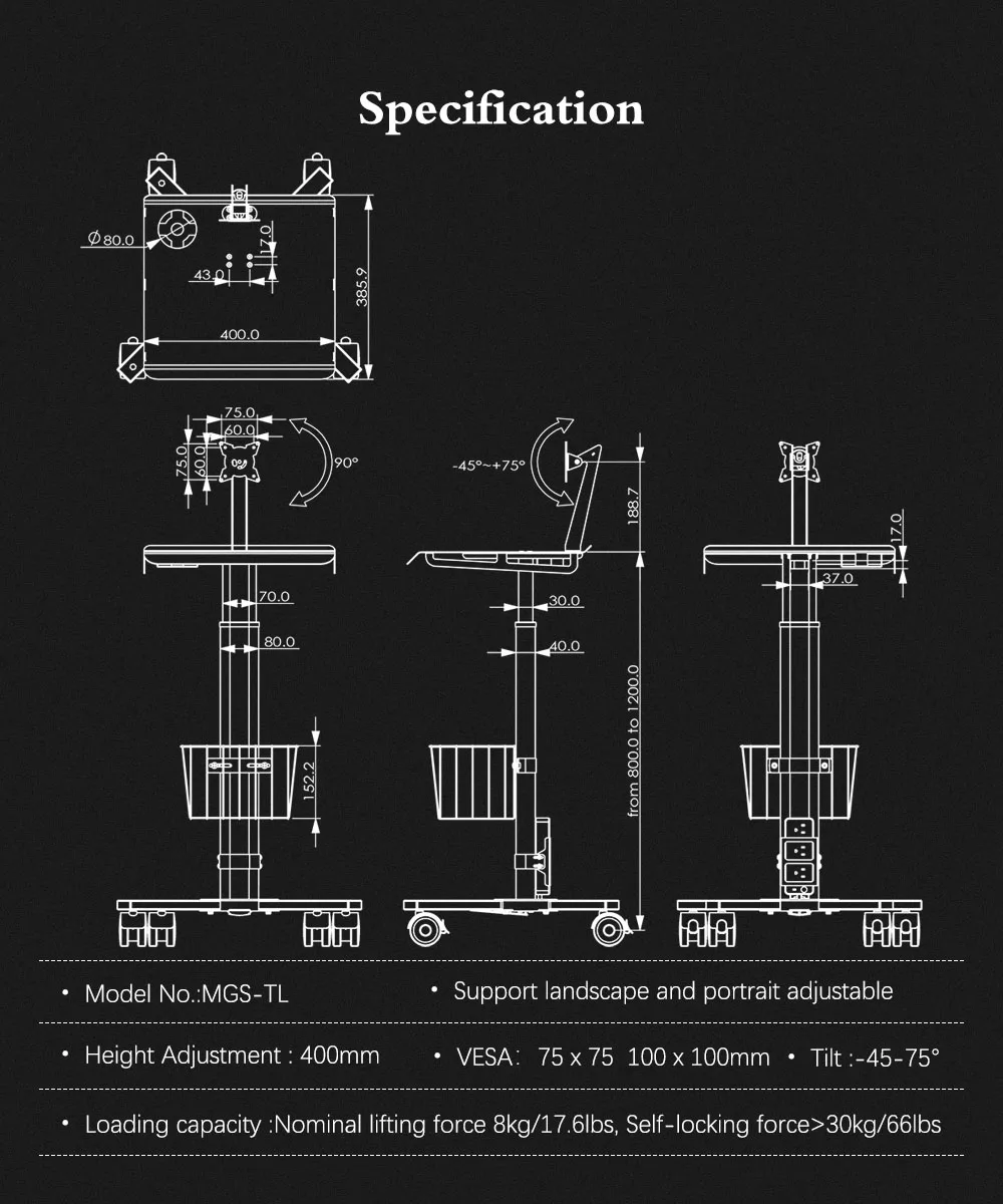 Height Adjustable Hospital Rolling Mobile Tablet Monitor stand cart laptop
