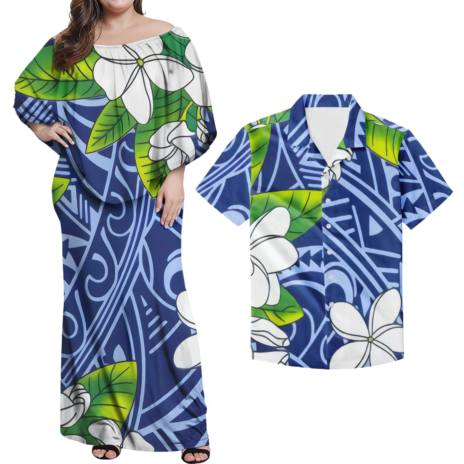 Hot Sale Evening Club Poncho Maxi Dress Women Match Man Aloha Short Sleeve Shirt Oversize Polynesian MANA Blue Sets Of Couples