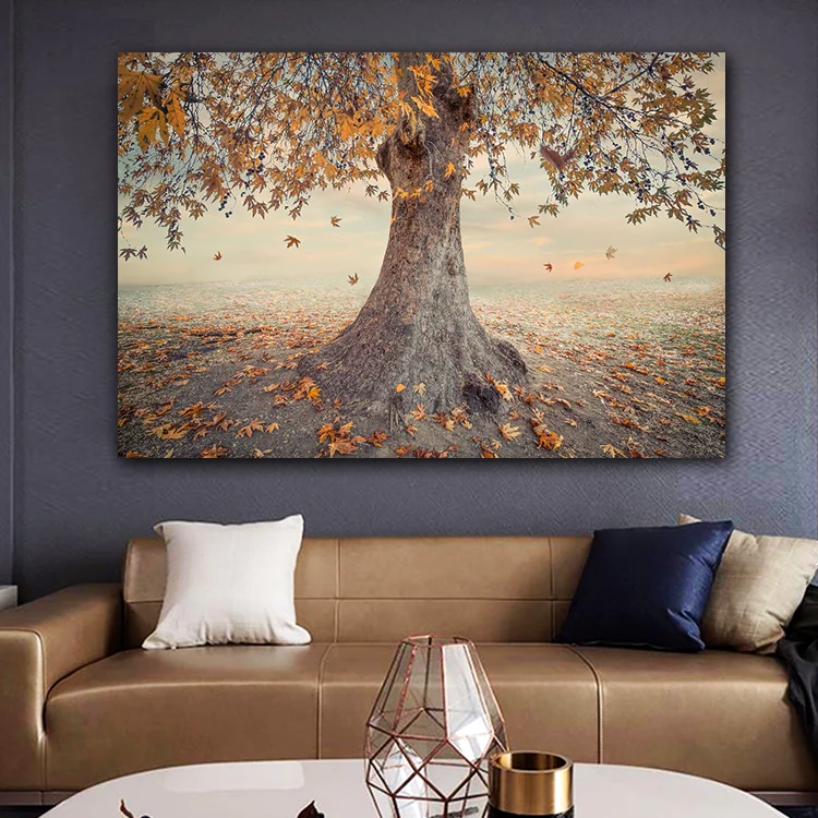 Factory Directly Sales Orange Maple Tree Printed Canvas Painting Wall Art Autumn Fall Scenic Nature For Home Wall Decoration