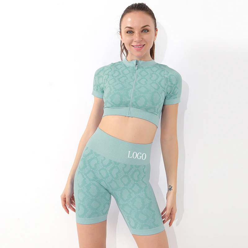 PASUXI Camo Workout Clothing Yoga Clothes Zipper Short Sleeve Fitness Tops Buttocks Waist Yoga Shorts Suit Women