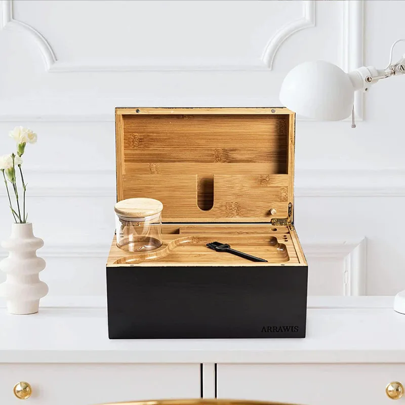Customize Bamboo Smoking Accessories Wooden Rolling Tray Smell Proof Storage Herb Bamboo Stash Box with Lock Combo Kit