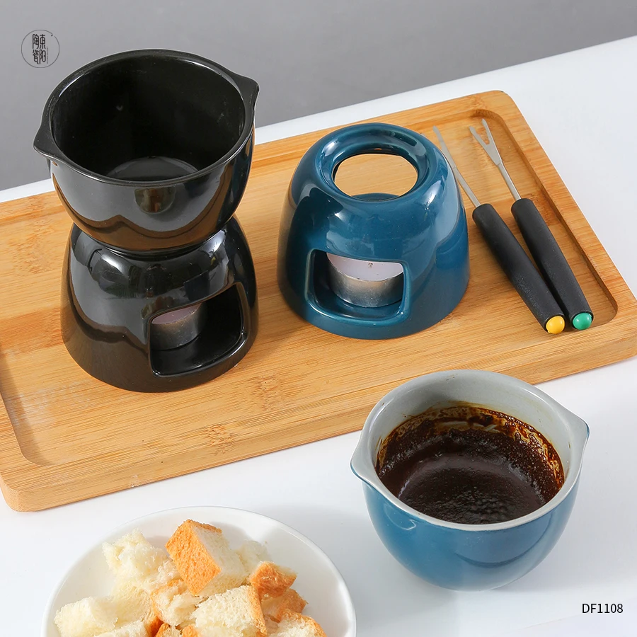 Porcelain Custom Tealight Melting Pot Cheese Chocolate Fondue Ceramic Mini Fondue Set