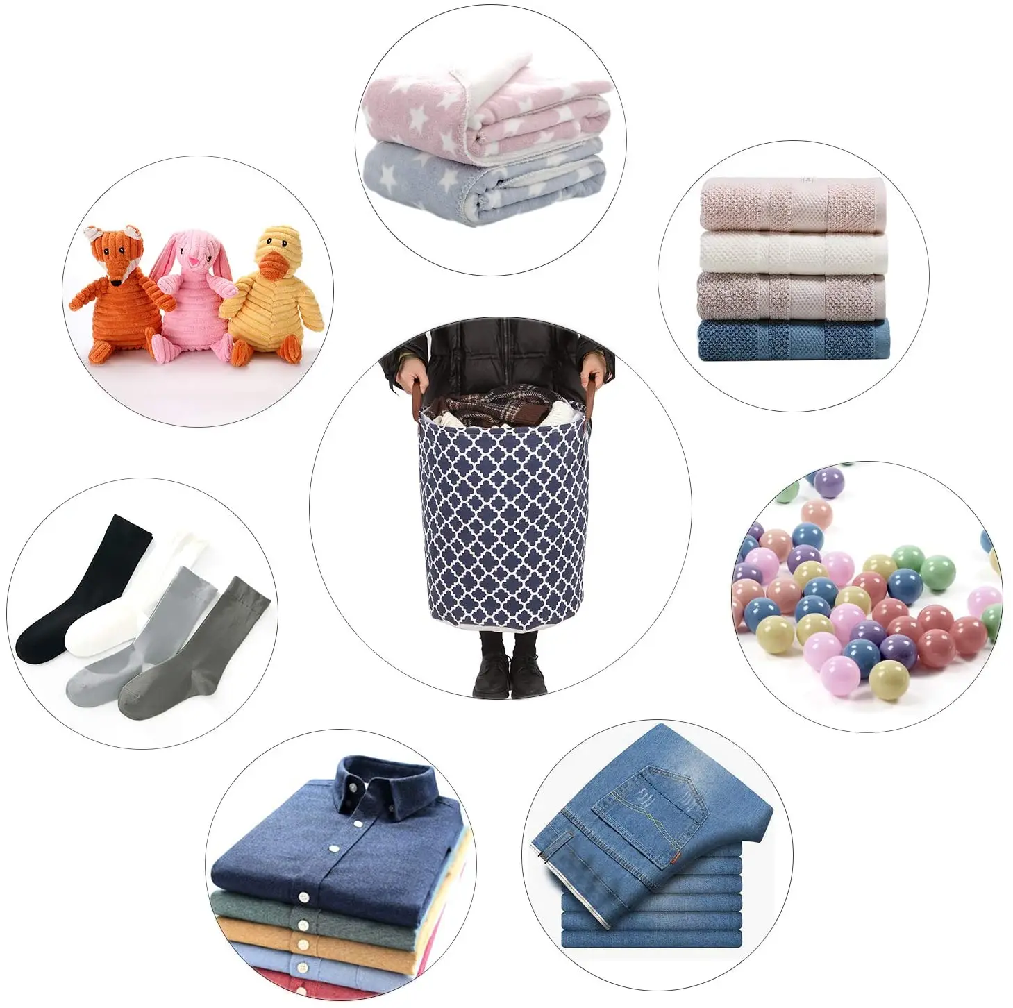 Sea Team Moroccan Lattice Pattern Laundry Hamper Canvas Fabric Laundry Basket Collapsible Storage Bin with PU Leather Handles