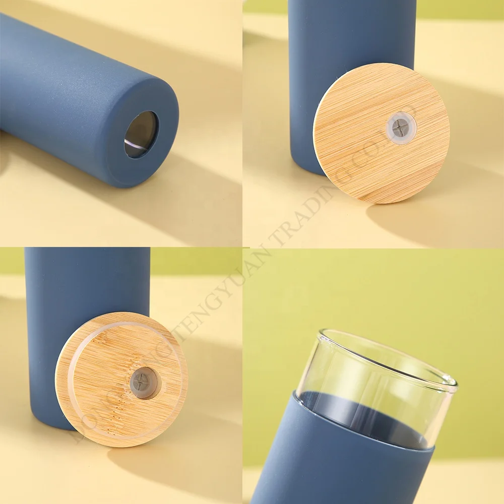 TY Hot Seller Custom 500ml Insulated Straw Glass Dinking Water Bottle Tumbler With Silicone Sleeve and Wooden Bamboo Lid