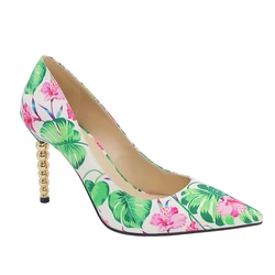 Stiletto Heels Fall Shoes Women Pumps Printed Flower Gold Heel Popular Fashion Wears 2022 Shoe