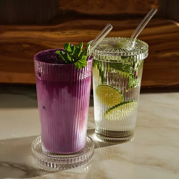 Ribbed Vertical Stripes 375ml  Glass Coffee Mug Drink Cup with Handle and lid For Coffee Ice Drinking Glasses