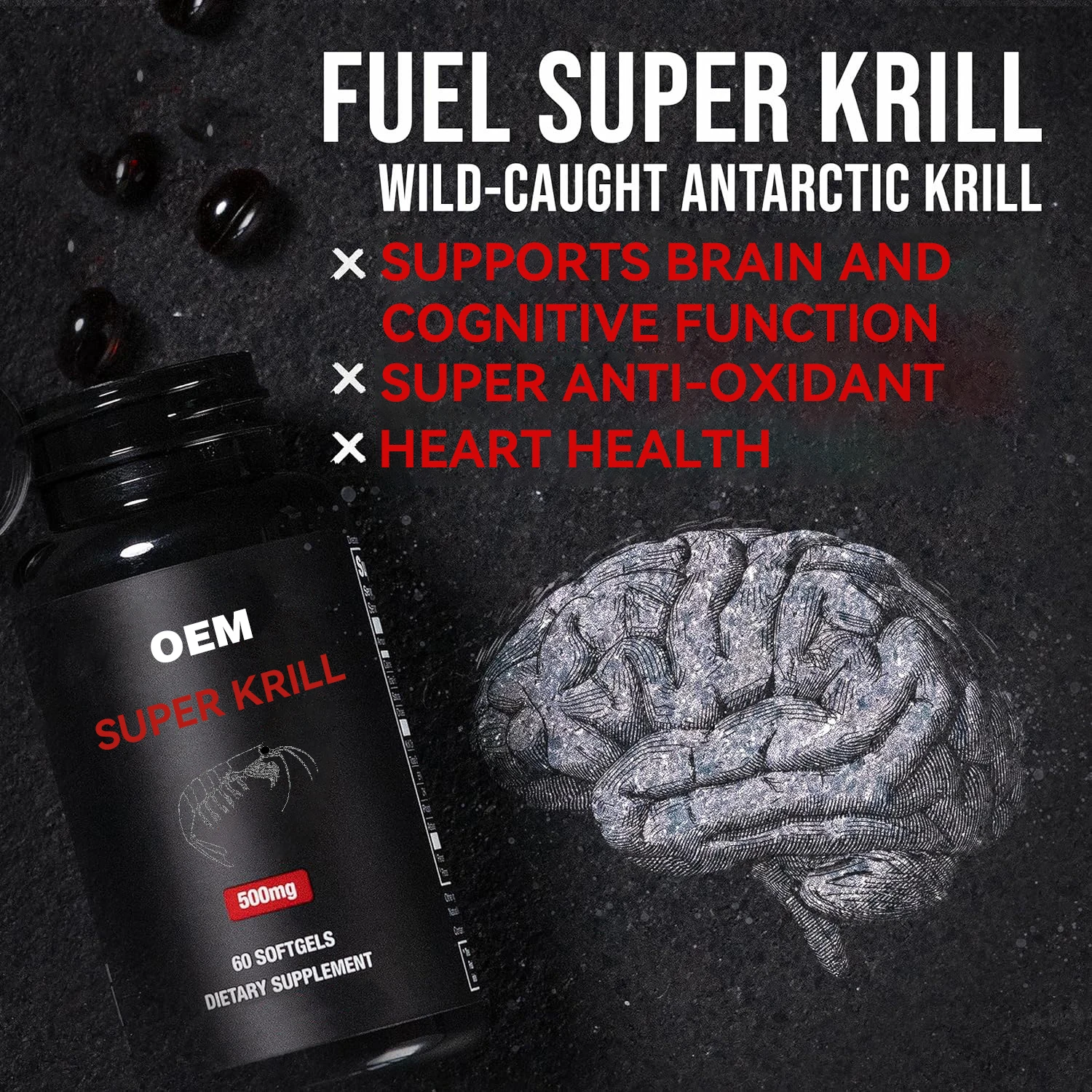 OEM Krill Oil Capsules Enhance Immunity Support Heart Health Hyaluronic Acid Fish Oil Omega 3 Krill Oil Softgel Capsules