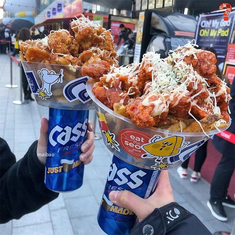 Custom Food Package Takeout PP PET Snack And Drink Cup Plastic Freyo Tower Tray Disposable Bubble Tea Drink Cup With Snack Bowl