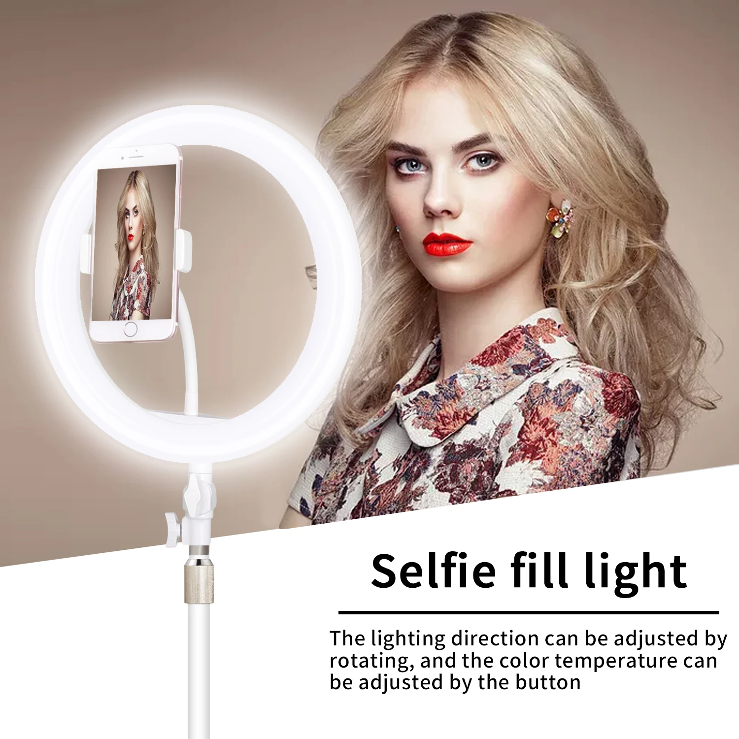 With its own mobile phone clip design 10 inch ring light uniformity, soft and efficient LED makeup light