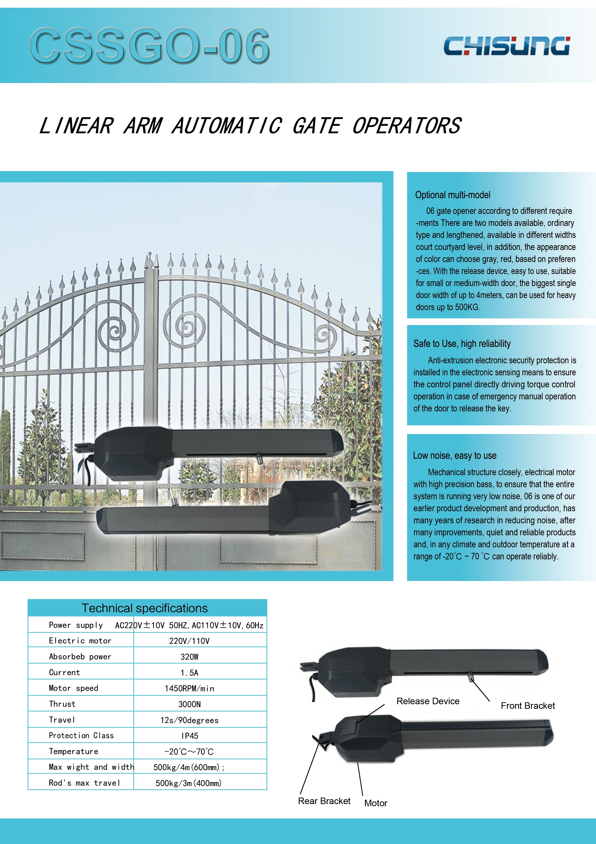 Leading Technology Chisung AC Motor Dual Arms Automatic Swing Gate Opener CSSGO-06 500KG*2 Electric Operator