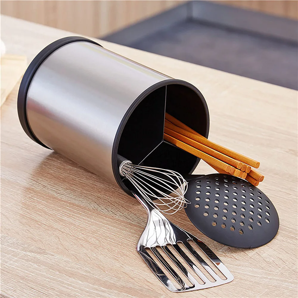 3 Compartment Rotating Large Capacity with Insert and Drain Holes Stainless Steel Utensil Caddy Kitchen Utensil Holder