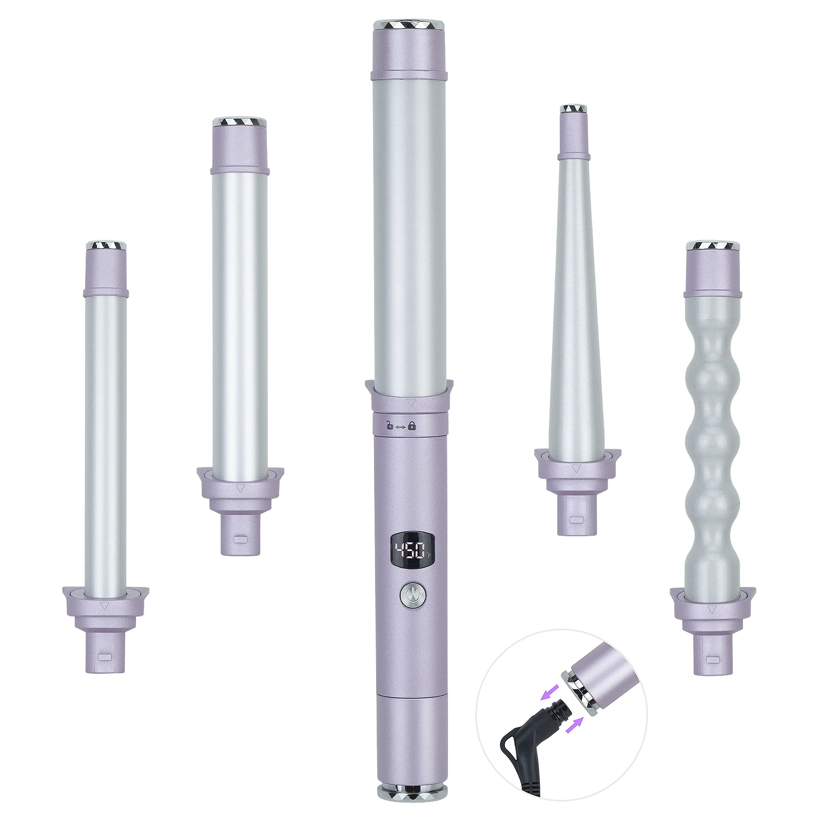 Interchangeable heating barrel hair curler set,  curling wand with patent detachable power cord