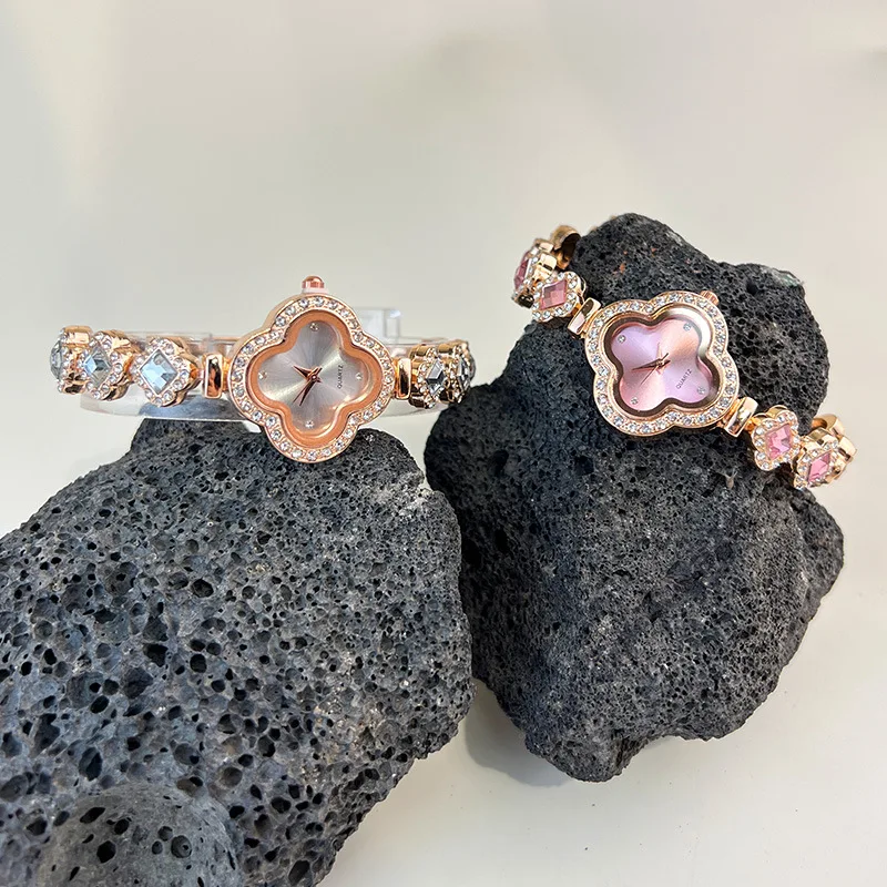 Hifive New Design Classic four-leaf Small Watch Stainless Steel Waterproof Slim Stone Quartz Small Watch For Women